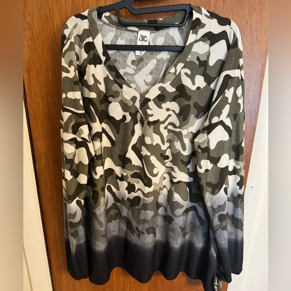 New without tags, ladies long sleeve camo pullover, size XL, by Sew in Love